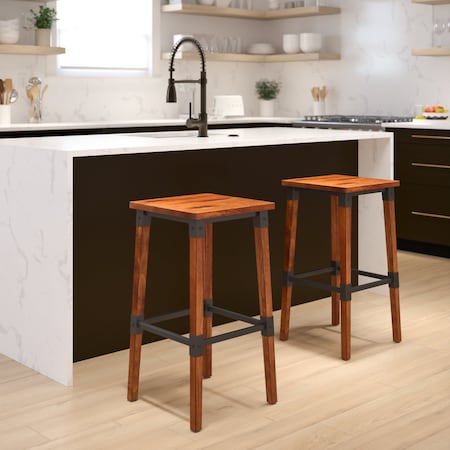 Flash Furniture Rustic Antique Walnut Industrial Wood Dining Backless Barstool, PK2 2-XU-DG-W0247B-GG